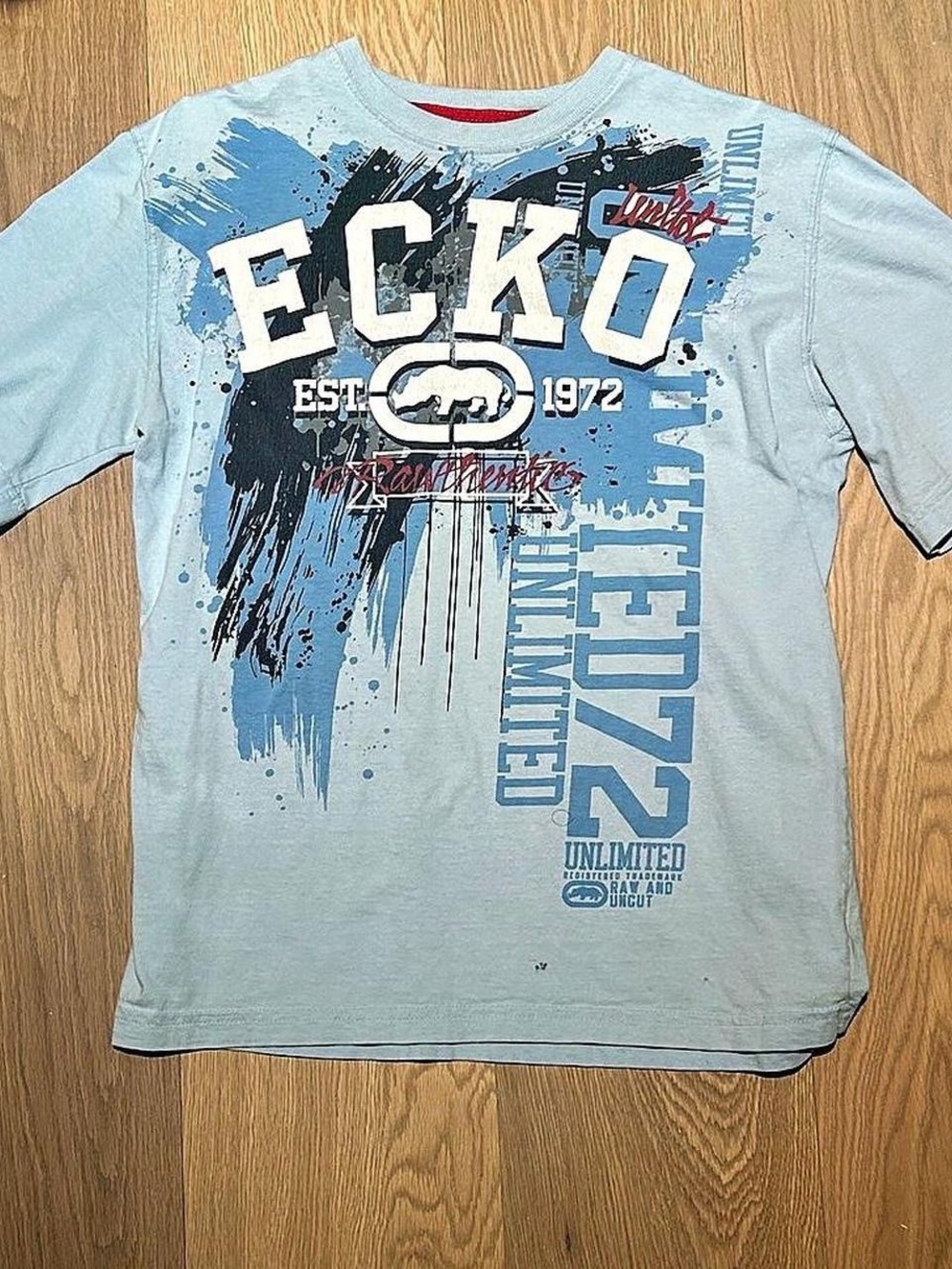 Ecko Unlimited Light Blue Graphic Logo Tee with Black & Navy Accents
